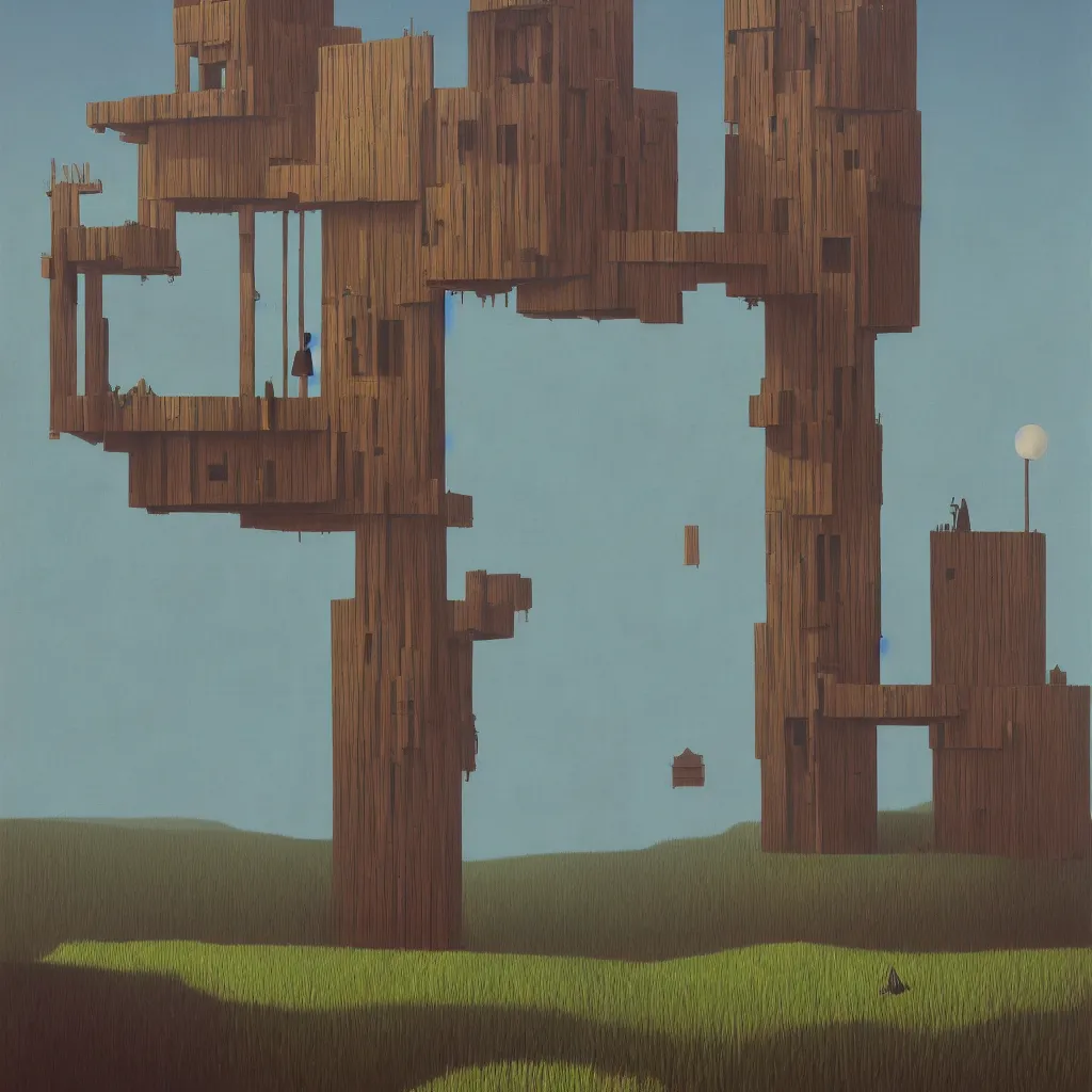 Prompt: single flooded simple wooden tower, very coherent and colorful high contrast!! masterpiece by rene magritte simon stalenhag dan mcpharlin, minimalist, dark shadows, sunny day, hard lighting
