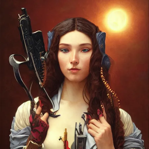 Image similar to a portrait painting of a gunslinger fantasy lady, highly detailed, art by tristan eaton and artgerm and william - adolphe bouguereau