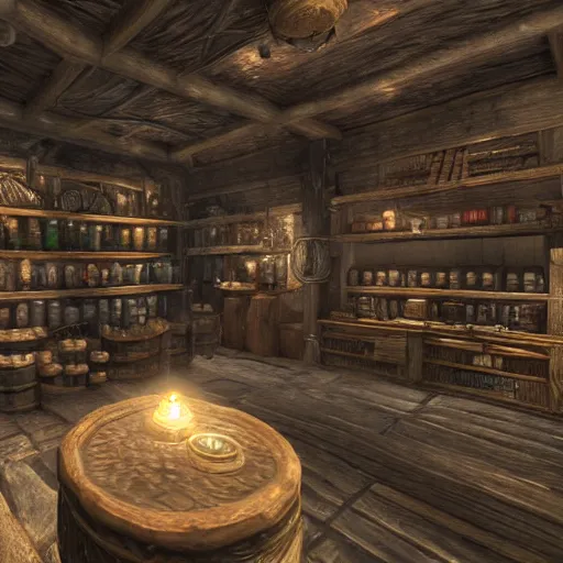 Image similar to Whiterun apothecary interior, potion shop interior, glowing potions, skyrim, set within Elder Scrolls 5 as fanart