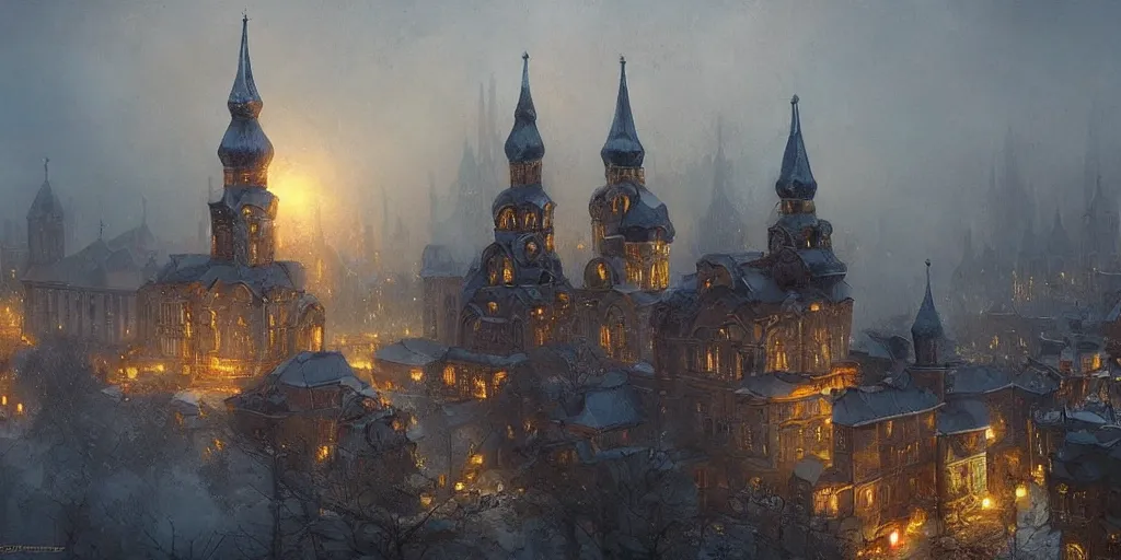 Prompt: Beautiful magical Old Rus city of Kitezh in mist, magic lights, strange buildings, oil painting, concept art, fantasy cityscape, art by Ted Nasmith and James Gurney, hyperborea, high resolution, trending on artstation