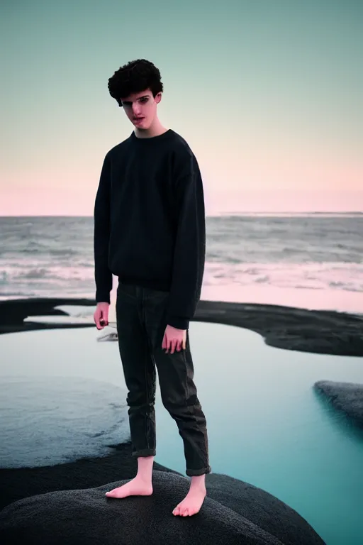 Prompt: high quality pastel coloured film mid angle docu photograph of a beautiful young 2 0 year old male, soft features, short black hair, clothed and painting an icelandic black rock pool environment. atmospheric. three point light. photographic. art directed. ( pastel colours ). volumetric light. clearcoat. waves glitch. 8 k. filmic.