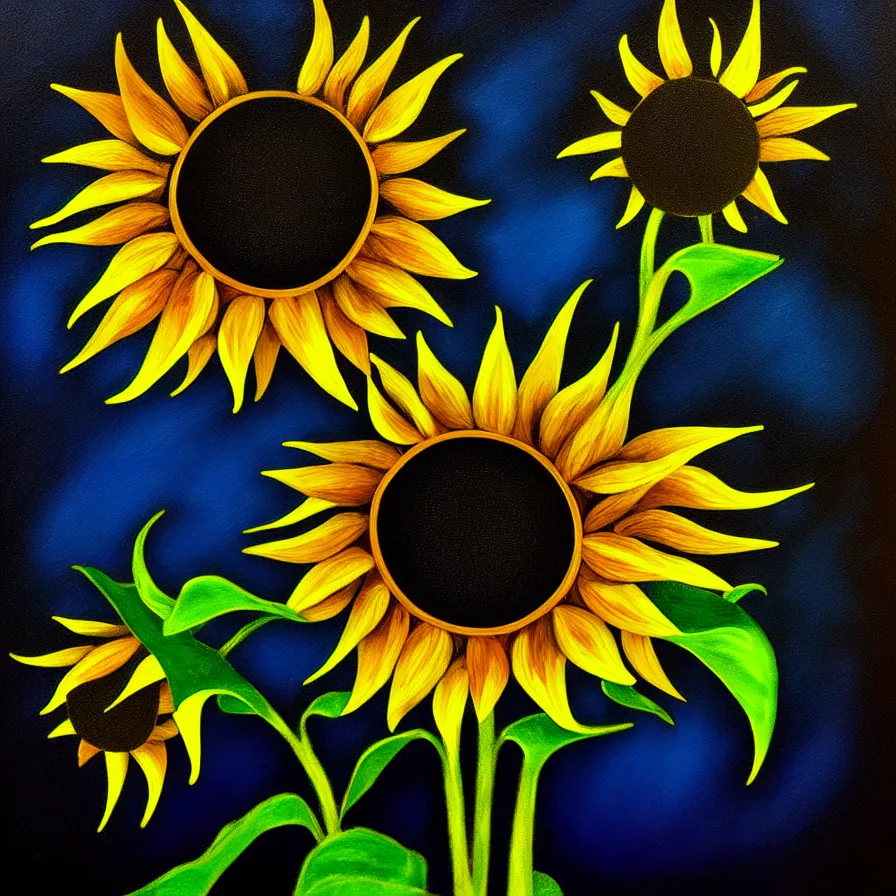 Prompt: award winning fine artwork about an hypnotizing sunflower, dark tones, moody, night, moonlight