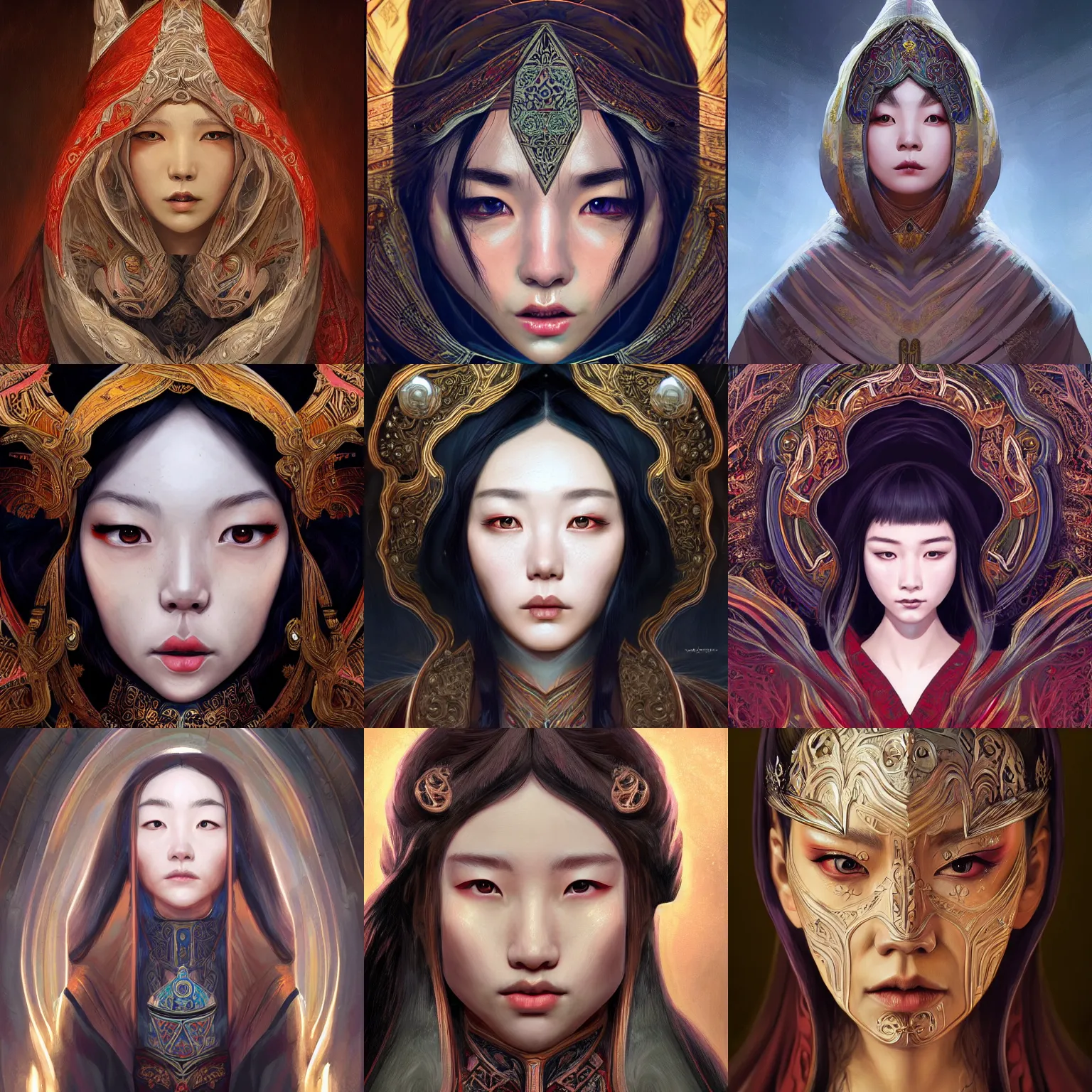 Prompt: head-on symmetrical centered painted portrait, korean woman as a D&D wizard, medieval robes, fantasy, intricate, elegant, highly detailed, digital painting, smooth, sharp focus, illustration, artstation, in the style of Artgerm and Anna Podedworna and Alex Ross