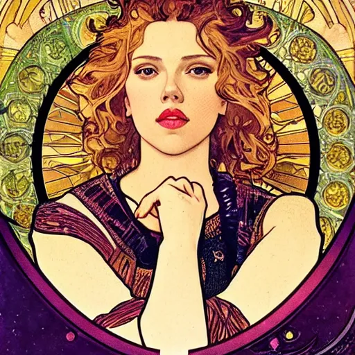 Image similar to scarlett johansson portrait by louis - theophile hingre and alphonse mucha, realistic, sharp focus, zodiac signs, tarot cards, planets, ethereal, art nouveau, magic, moon, sun, crown, dreamy, royal, jewellery