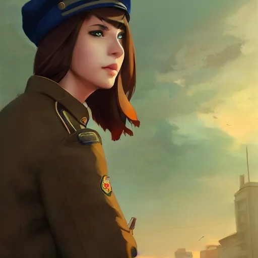 Image similar to young woman with shoulder length light brown hair and hazel eyes dressed in a sharp dark teal military uniform and beret, blurred city background in twilight lighting, ilya kuvshinov, anime, greg rutkowski, guweiz, ross tran, artstation trending, artgerm, concept art, digital painting, painterly