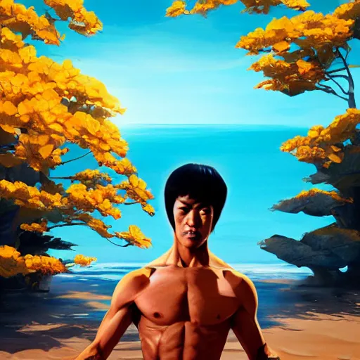 Image similar to bruce lee in lotus position on a beach background, behance hd by jesper ejsing, by rhads, makoto shinkai and lois van baarle, ilya kuvshinov, rossdraws global illumination radiating a glowing aura global illumination ray tracing hdr render in unreal engine 5