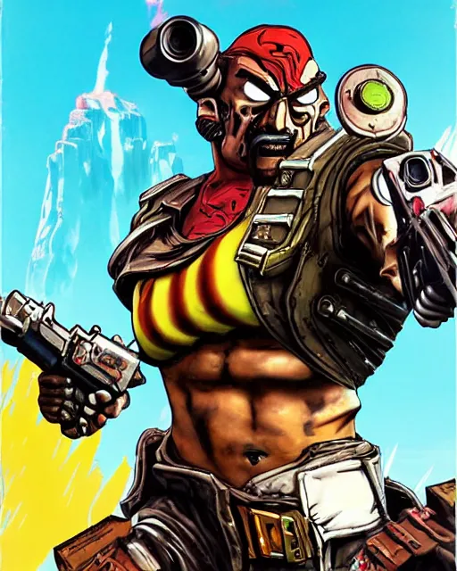 Prompt: cel - shaded gunzerker salvador from borderlands 2, airbrush, drew struzan illustration art, key art, movie poster