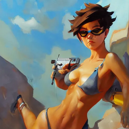 Prompt: greg manchess splashart painting of overwatch's tracer in a bikini, medium shot, asymmetrical, organic painting, sunny day, matte painting, bold shapes, hard edges, street art, trending on artstation, by huang guangjian and gil elvgren and sachin teng