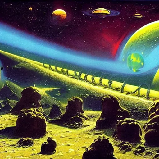 Prompt: a planetscape full of alien life painted by chris foss and wayne douglas barlowe