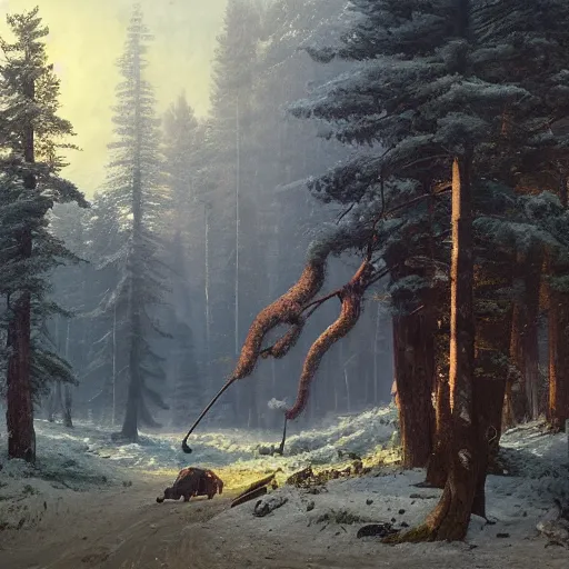 Prompt: an art piece by ivan shishkin and zacharias aagaard and simon stalenhag