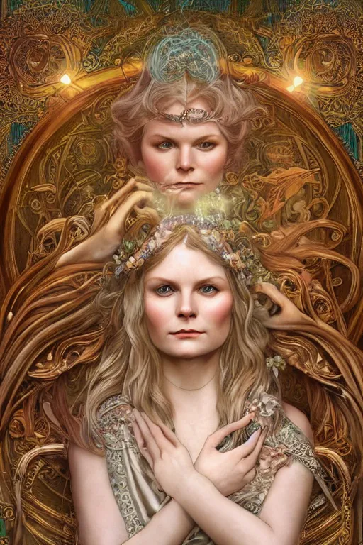 Image similar to Young Kirsten Dunst as a Goddess, cute, fantasy, intricate, elegant, highly detailed, digital painting, 4k, HDR, concept art, smooth, sharp focus, illustration, art by artgerm and H R Giger and alphonse mucha