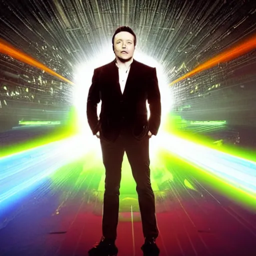 Image similar to elon musk as a super villain with lasers coming out of his eyes