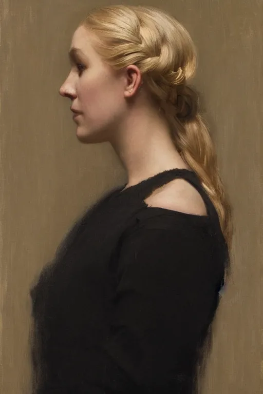 Prompt: profile of blonde girl looking down, braided hair, black lace dress, side view, before a stucco wall, soft light, jeremy lipking, serge marshennikov
