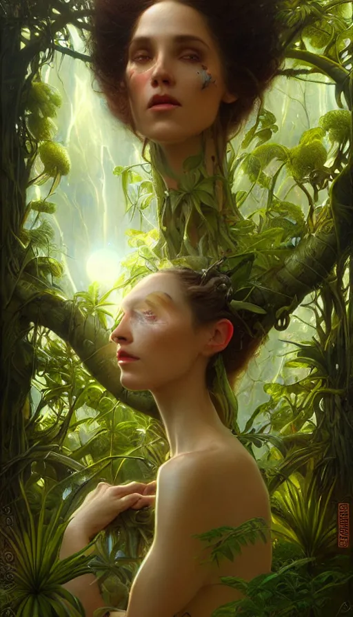 Image similar to hyper realistic alien, lush plants, full moon, light rays, gnarly trees by tom bagshaw, mucha, gaston bussiere, craig mullins, j. c. leyendecker 8 k