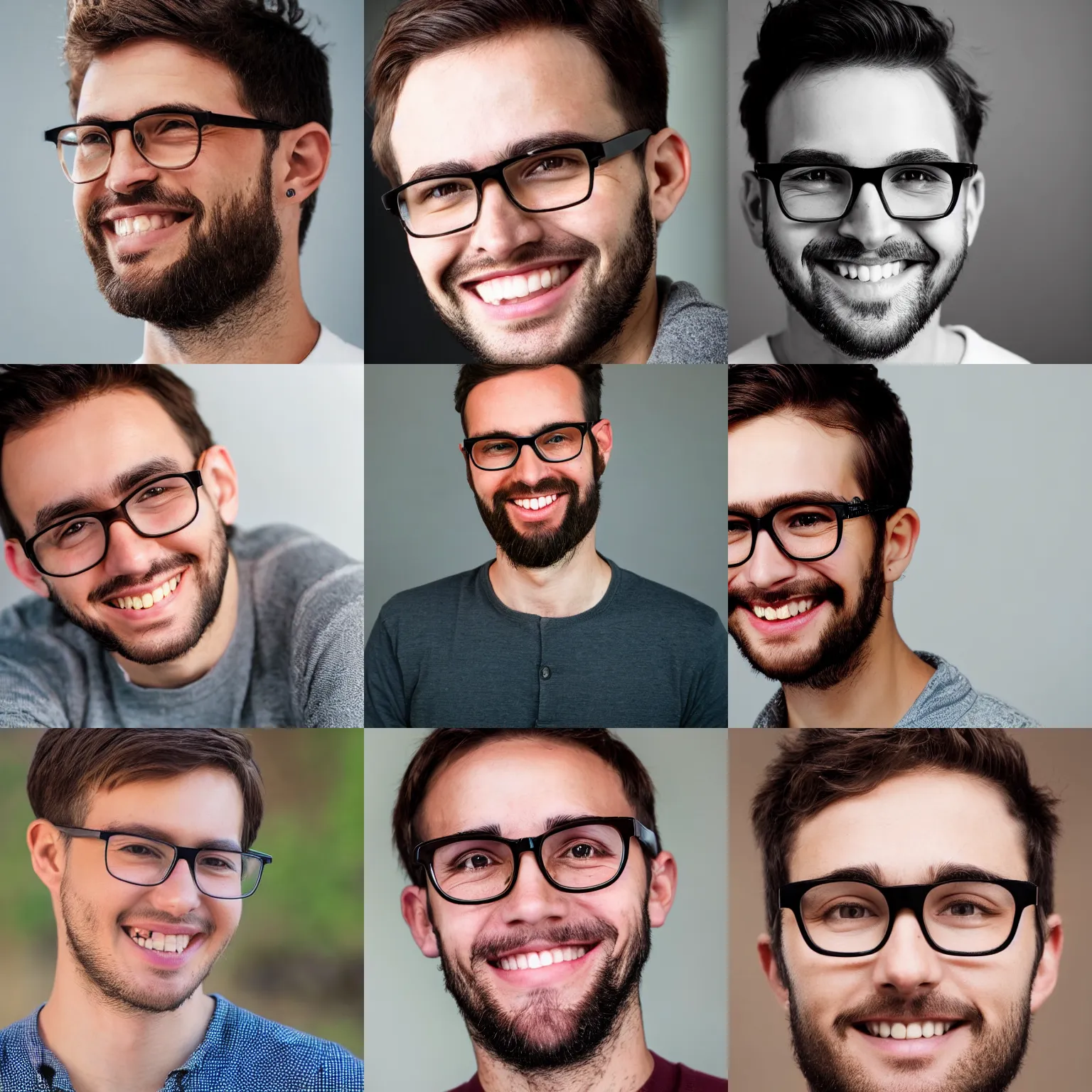 Prompt: close up photo young smiling male with glasses, brown hair, high hairline, short beard