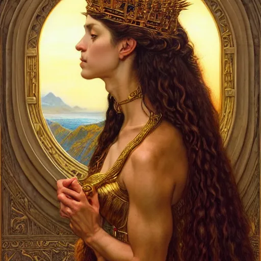 Prompt: highly detailed portrait of a majestic lioness queen in the form of a beautiful woman. d & d, art by donato giancola and evelyn de morgan and eugene delacroix and fenghua zhong. trending on artstation, intricate details, energetic composition, golden ratio, concept art, illustration, elegant art, global illuminaition