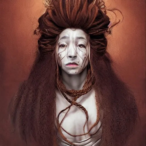 Image similar to portrait of a Shibari rope wrapped face and neck, headshot, insanely nice professional hair style, dramatic hair color, digital painting, of a old 15th century, old cyborg merchant, amber jewels, baroque, ornate clothing, scifi, realistic, hyperdetailed, chiaroscuro, concept art, art by Franz Hals and Jon Foster and Ayami Kojima and Amano and Karol Bak,