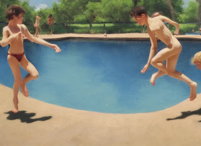 Prompt: a group of teens in the moment of jumping into a pool, oil painting by ralph maquarrie and james gurney, soft edges, subtle colours