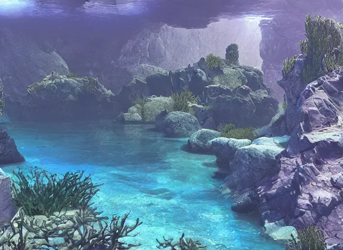 Prompt: an underwater landscape painted by, mc escher, gordon onslow ford, georgia o'keeffe and ippolito caffi, cinematic light, god rays, unreal engine, zbrush central,