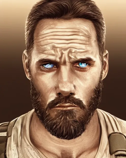 Prompt: portrait of muscular, tired and alcoholic 3 0 - year - old handsome man with short darkblonde hair, serious sad look in his eyes, dirty beard, blue eyes, crying tears, wearing dirty soldier uniform, on the desert, hyper realistic face, beautiful eyes, character art, art by mark brooks, hyperdetailed, cryengine, trending on artstation, digital art