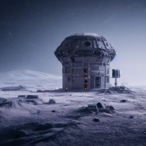 Prompt: an abandoned outpost in a snow storm on the moon europa, intricate artwork by tooth wu and wlop and beeple, octane render, hyper realism, 8 k