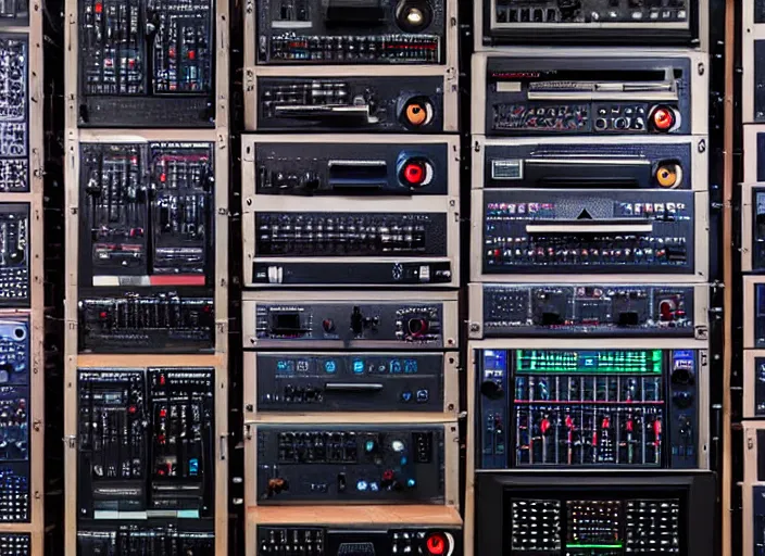 Prompt: photo still of a rack of synthesizers, 8 k