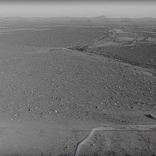 Prompt: combat drone strike war footage, black and white with green tint, very high contrast, nuclear cloud, high angle vertical, dirty, grainy, bad drone camera