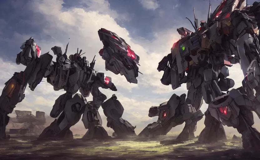 Image similar to a beautiful painting of a giant mech standing on a wooden tower while a battle ensues below, 4k anime wallpaper, trending on artstation