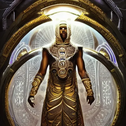 Prompt: symmetry!! an african moor wearing white robes and turban entering the voidspace. ornate, golden, steampunk stargate. front game card. marvel comics. dark. intricate. highly detailed. smooth. artstation. digital illustration by ruan jia, mandy jurgens, artgerm, wayne barlowe, greg rutkowski, and zdislaw beksinsk.