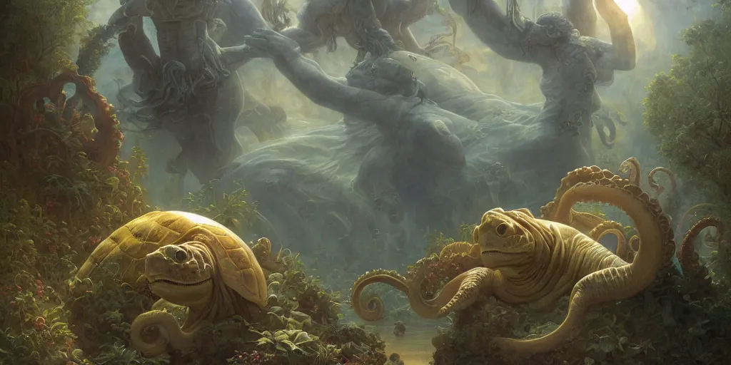 Image similar to Fantasy fairytale story, Great Leviathan Turtle, cephalopod, Cthulhu Squid Terrapin, Mysterious Island, center Universe, hybrid, Reptilian Cyborg, intense celestial fantasy atmospheric lighting, hyper realistic, William-Adolphe Bouguereau, François Boucher, Jessica Rossier, Michael Cheval, michael whelan, Cozy, hot springs hidden Cave, Forest, candlelight, natural light, lush plants and flowers, Spectacular Mountains, bright clouds, luminous stellar sky, outer worlds, Golden dapple lighting, Solar Flare Unreal Engine, HD,