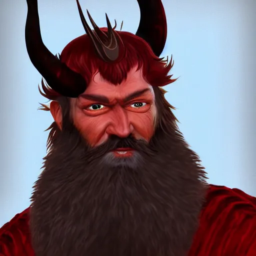 Image similar to dnd render of a man, red, a big black beard, completely golden eyes, 1 curved horn growing out of his forehead, one broken horn groing out of his forehead,