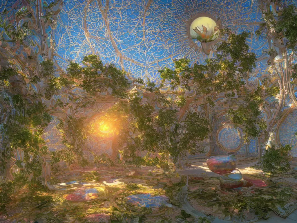 Image similar to 3 d render, sunlight study, the universe is a spheroid region 7 0 5 meters in diameter, art nouveau, by maria sibylla merian and ( ( ( ( ( lisa frank ) ) ) ) ), 8 k, sharp focus, octane render