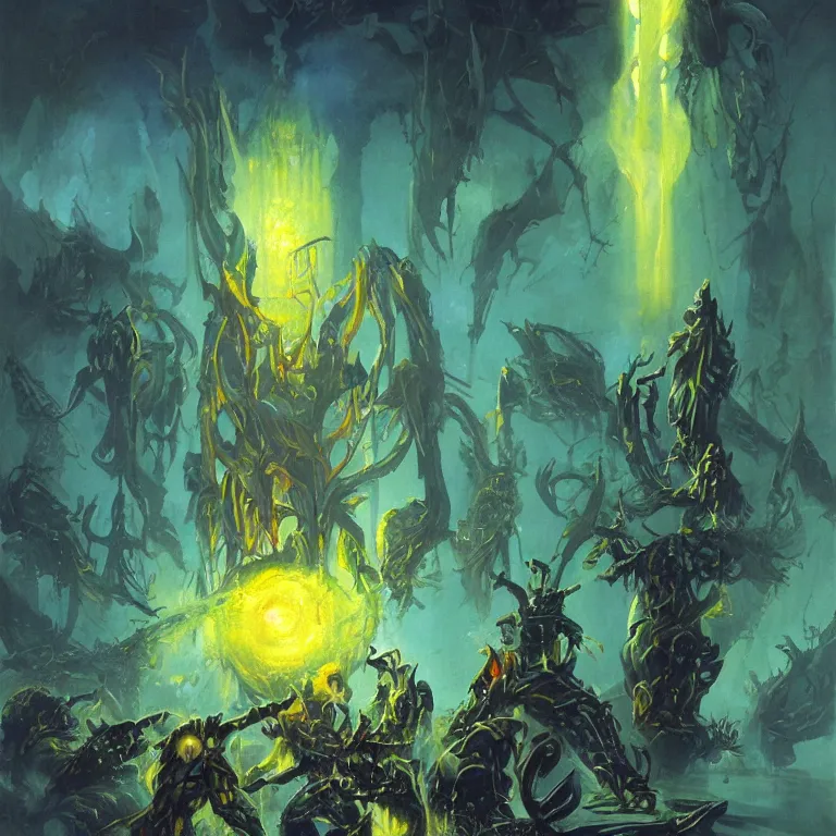 Image similar to extremely detailed intricate evocative column of treacherous light shooting into starwind suffocated by shapeless wraiths singing with somatic voices submerged in radioactive poison by Peter Andrew Jones