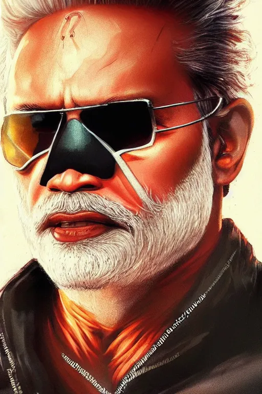 Image similar to Narendra Modi as Terminator, Narendra Modi hairstyle and beardstyle, full body realistic portrait, highly detailed, digital painting, artstation, concept art, smooth, sharp focus, illustration, cinematic lighting, art by artgerm and greg rutkowski and alphonse mucha