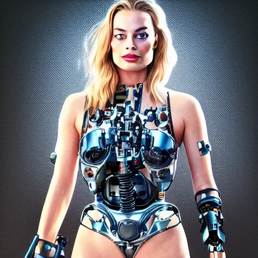 Image similar to full body portrait of Margot Robbie as a cyborg with robotic prosthetic arms and legs, 4k, hyperdetailed, photorealist, DSLR photograph