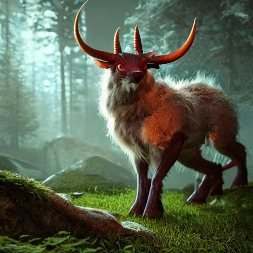 Image similar to ultrarealistic creature fluffy animal with horns and short legs and arms and red eyes, forest scene, octane render, highly detailed, cinematic lightning, epic fantasy style art