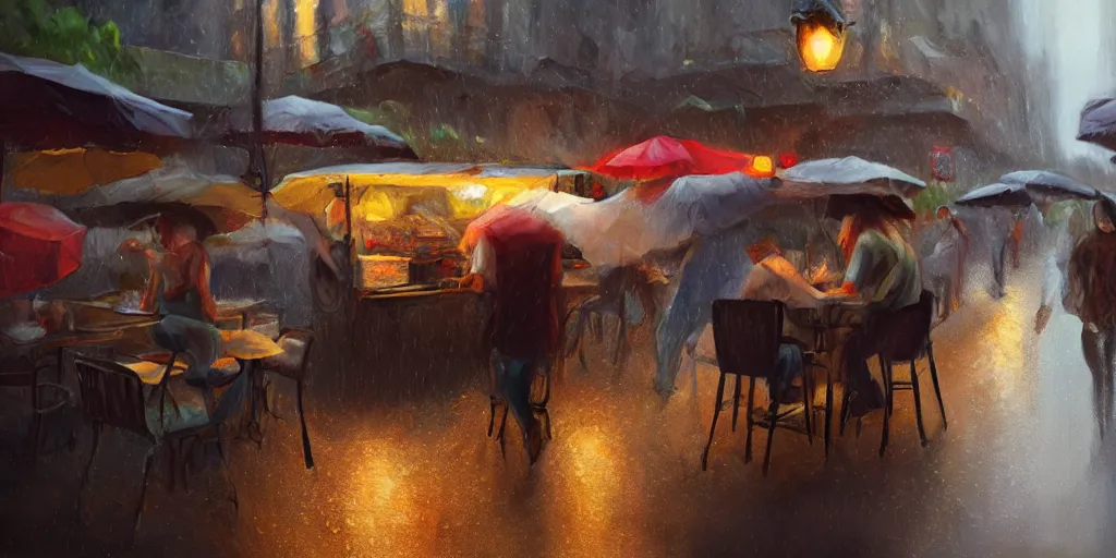 Prompt: POV the street food vendor is preparing your meal as it rains, cozy wallpaper, 4k, high details, volumetric dynamic lighting, motion blur, blur, bokeh, trending on Artstation, award-winning, art by Greg Rutkowski