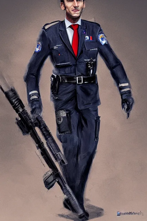 Prompt: emmanuel macron dressed as a police officer, highly detailed, digital art, sharp focus, trending on art station
