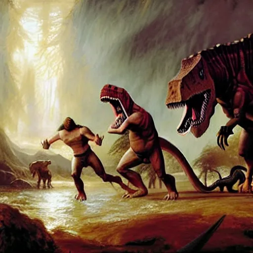 Image similar to A large dinosaur! fighting with several realistic detailed cavemen with proportioned bodies, next to the dinosaur are cavemen, the cavemen are armed with spears, the caveman are in a fighting stance, the cavemen are wearing animal furs, coarse canvas, visible brushstrokes, intricate, extremely detailed painting by William Turner (and by Greg Rutkowski)