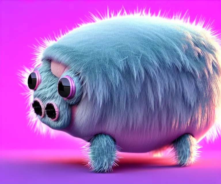 Image similar to high quality 3 d render hyperrealist very cute small tardiradiant, plush mascot, long spiky fluffy smooth hair, photo from the side, pink fluffy fur, vray, smooth background, artstation, ultra detailed