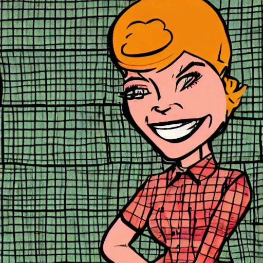 Prompt: 6 0 s style cartoon art cute girl wearing plaid shirt and jean shorts, she is grinning