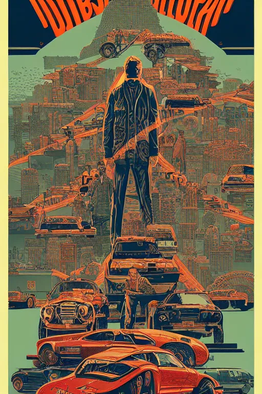 Image similar to a poster of the italian job movie, intricate, volumetric lighting, moebius, geof darrow, frank miller, dan mumford, detailed illustration, digital art, victo ngai, kilian eng, vector art