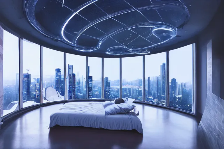 Image similar to a futuristic sparse bedroom with large curved ceiling high windows looking out to a far future cyberpunk cityscape, flying drones outside, night time, cyberpunk neon lights, raining