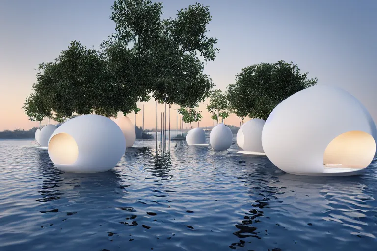 Image similar to pierre cardin's architecture is formed by the intersection of many white egg shaped spherical spaces. on the calm lake surface, people's perspective, future, interior wood, marble, award winning, highly detailed 4 k art, dusk, unreal engine highly rendered, global illumination, radial light, internal environment