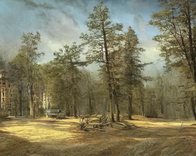 Image similar to beautiful matte painting of cute soviet block of flats hrushevka in end of forest by ivan shishkin,