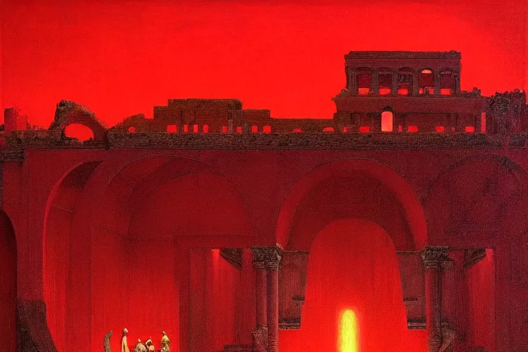 Image similar to only with red, a red melted emperor, taormina amphitheatre, crowd hails him, in the style of beksinski, parts by edward hopper, parts by rodcenko, parts by yue minjun, intricate and epic composition, red by caravaggio, insanely quality, highly detailed, masterpiece, red light, artstation, 4 k