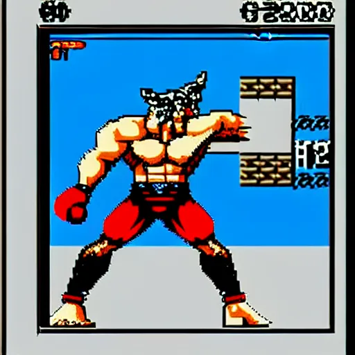 Image similar to extreme long shot. 8 bit nes graphics. antropomorphic muscular masculine wolf. kickboxer fighter in shorts. wolf head. art from nes game cartridge, unreal engine - h 7 6 8