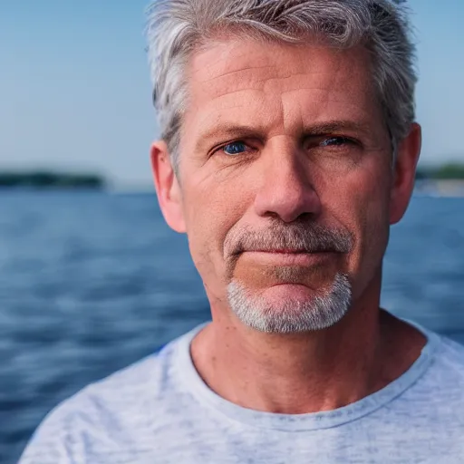 Prompt: portrait of 5 3 year old white male, blue eyes, greying hair, thinking back to his childhood days of spending summer vacations fishing on lake simard in mofett quebec, 4 k