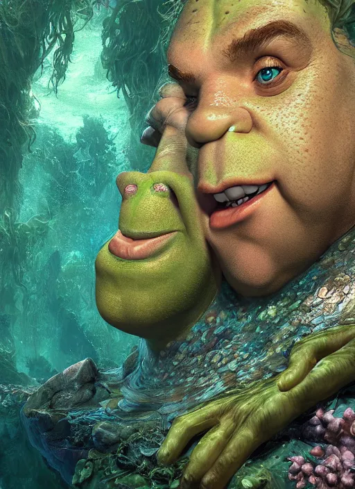 Image similar to underwater portrait of shrek as the mermaid, apocalypse, naturel, hyper detailed, digital art, trending in artstation, cinematic lighting, studio quality, smooth render, unreal engine 5 rendered, octane rendered, art style by klimt and nixeu and ian sprigger and wlop and krenz cushart.