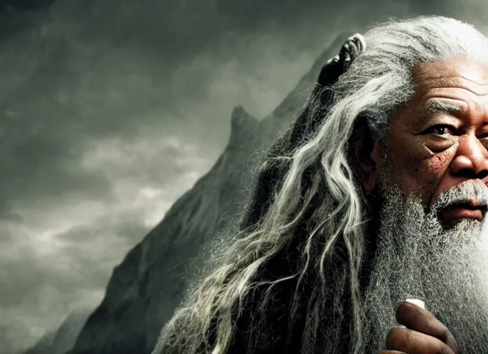 Image similar to morgan freeman starring as gandalf in lord of the rings, film still in the new batman movie, 4 k